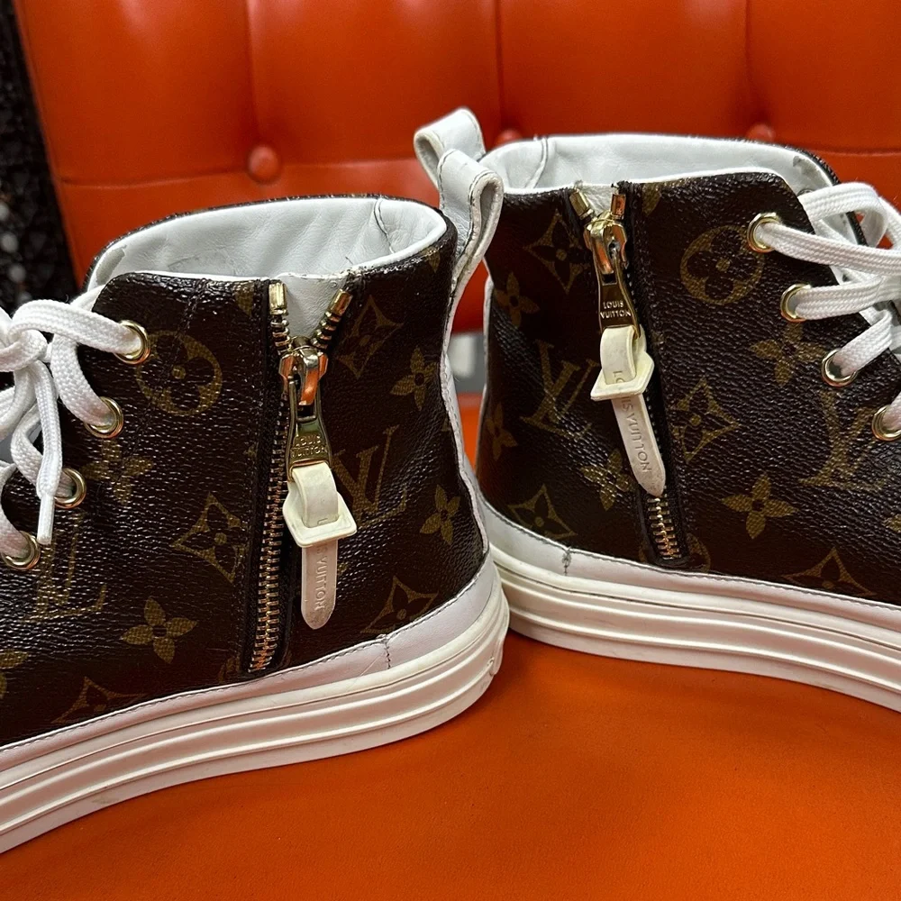 Authentic Louis Vuitton Brown Monogram High-Top Sneakers with White Laces - Picture 2 of 6